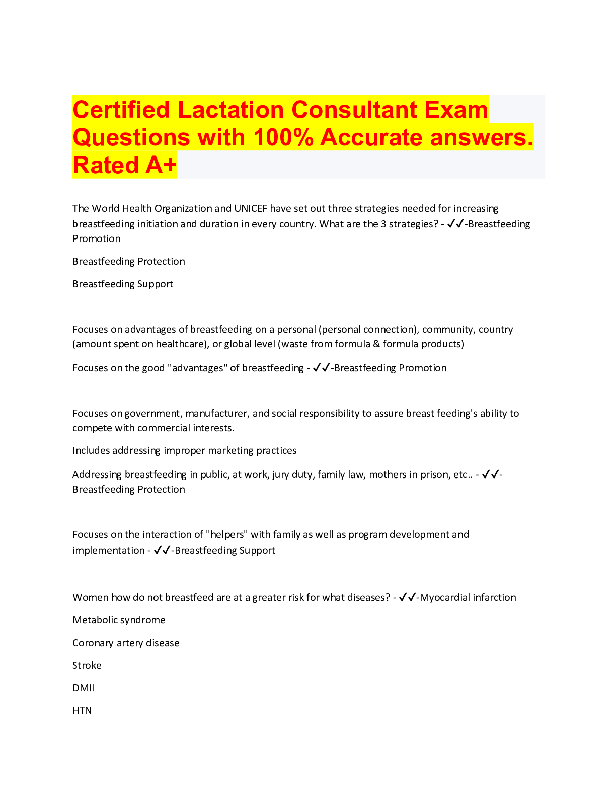 Preview of Certified Lactation Consultant Exam Questions with 100% Accurate answers. Rated A+